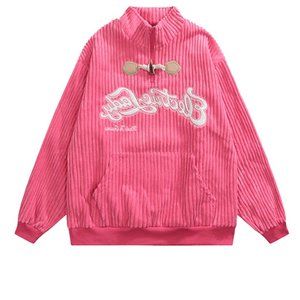 Retro Vintage Corduroy Anorak Sweatshirt Hot Pink